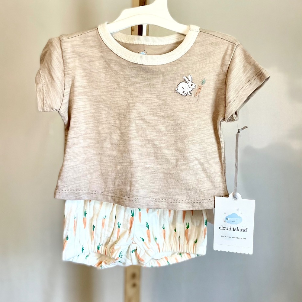 Cloud Island Baby Bunny Carrot T-Shirt and Bloomer Outfit Set Tan White NWT 3M